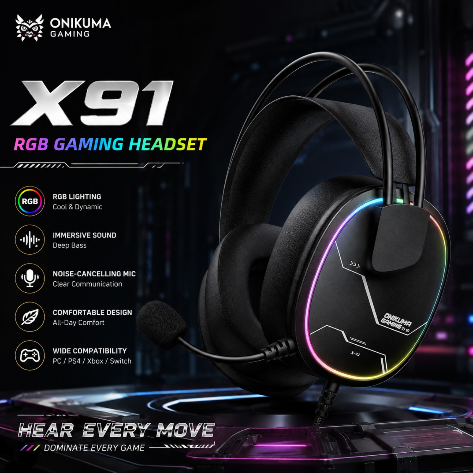 Gaming Headset With Mic Rgb - ONIKUMA X91 Bedrade Gaming Headset RGB